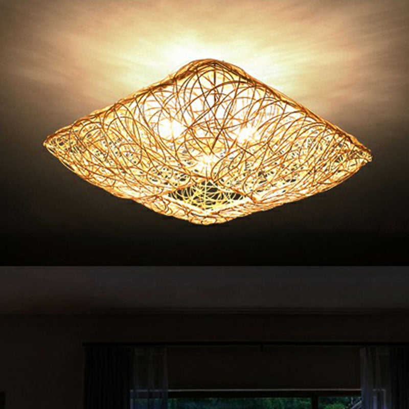 Japanese Rattan Square Flush Ceiling Light with 3 Heads – Wood Bedroom Flush Mount Lighting