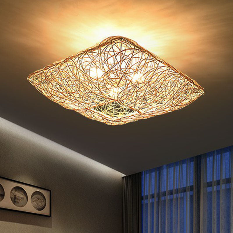 Japanese Rattan Square Flush Ceiling Light with 3 Heads – Wood Bedroom Flush Mount Lighting