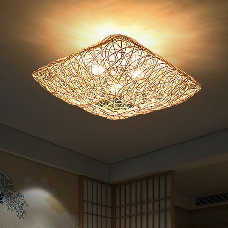 Japanese Rattan Square Flush Ceiling Light with 3 Heads – Wood Bedroom Flush Mount Lighting