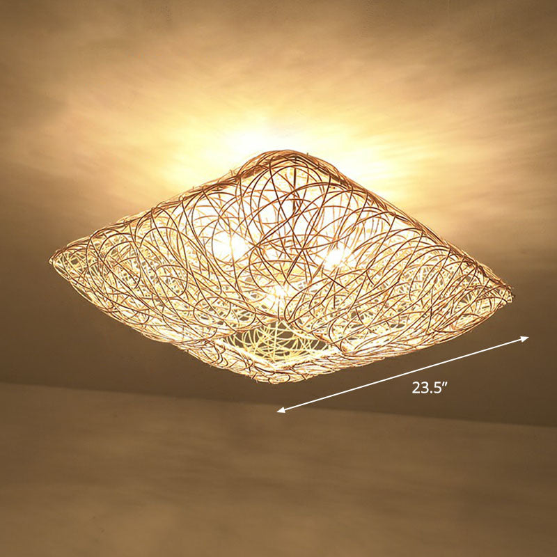 Japanese Rattan Square Flush Ceiling Light with 3 Heads – Wood Bedroom Flush Mount Lighting
