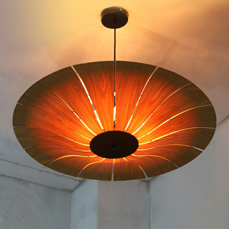 Wooden Asian Umbrella Chandelier Pendant Light With 3 Bulbs - Perfect For Restaurants
