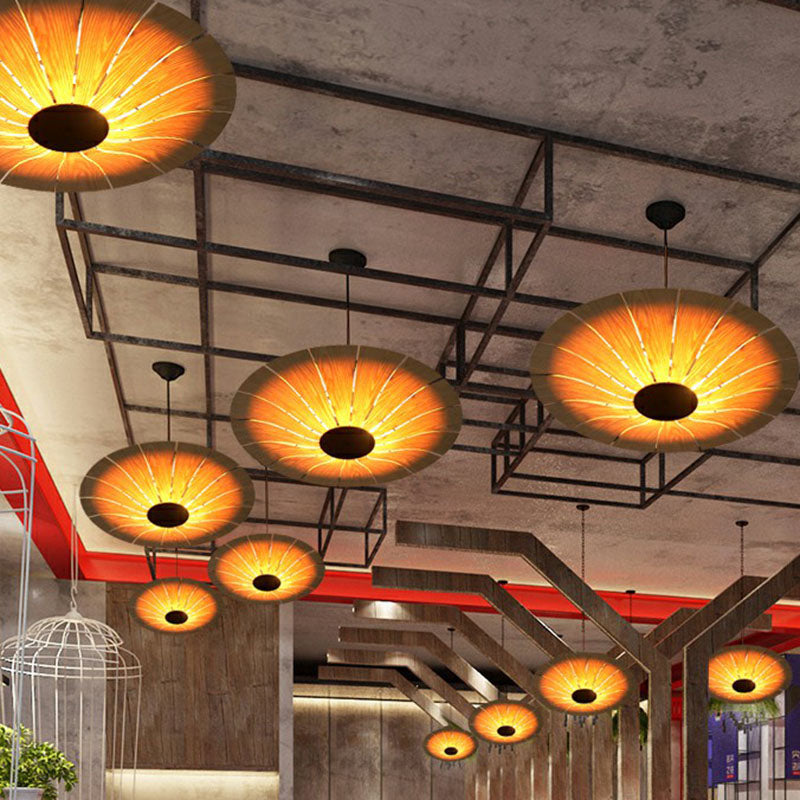 Wooden Asian Umbrella Chandelier Pendant Light With 3 Bulbs - Perfect For Restaurants