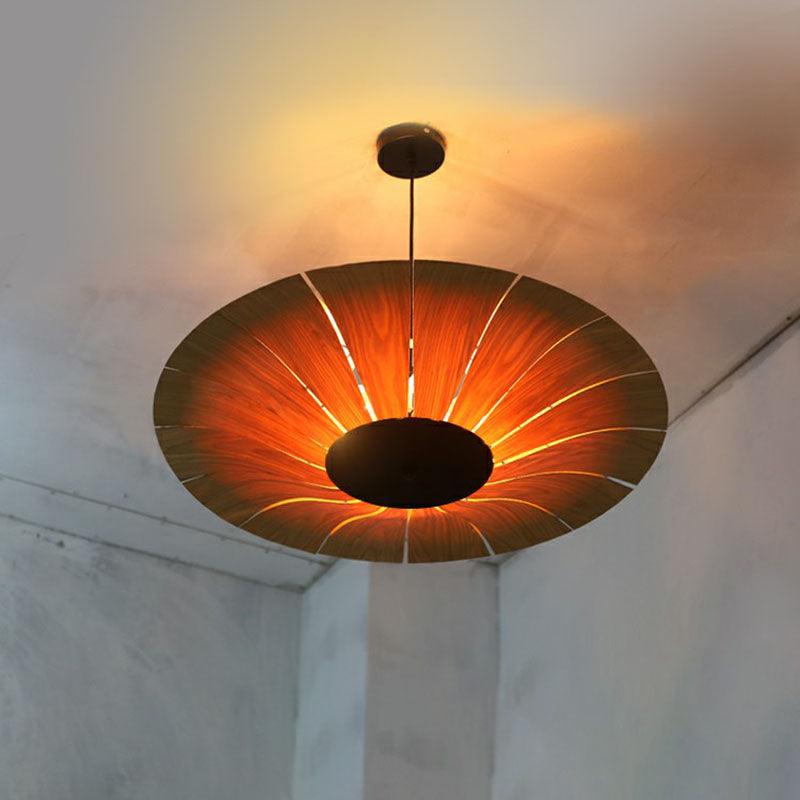 Wooden Asian Umbrella Chandelier Pendant Light With 3 Bulbs - Perfect For Restaurants