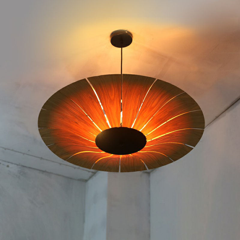 Wooden Asian Umbrella Chandelier Pendant Light With 3 Bulbs - Perfect For Restaurants