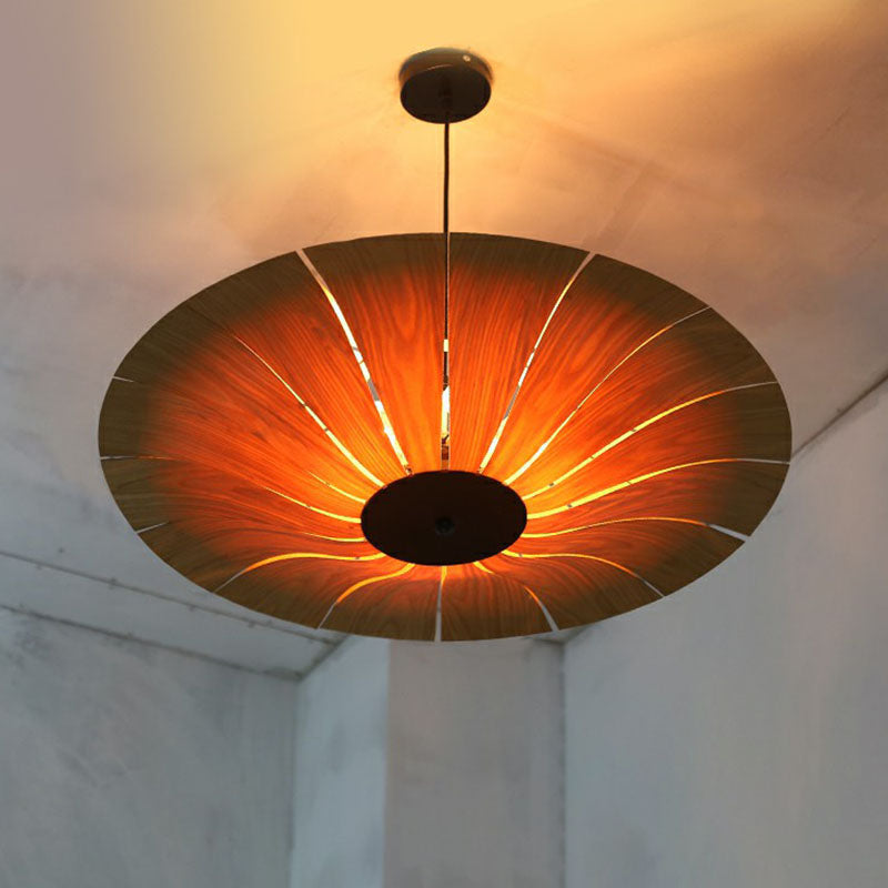 Wooden Asian Umbrella Chandelier Pendant Light With 3 Bulbs - Perfect For Restaurants