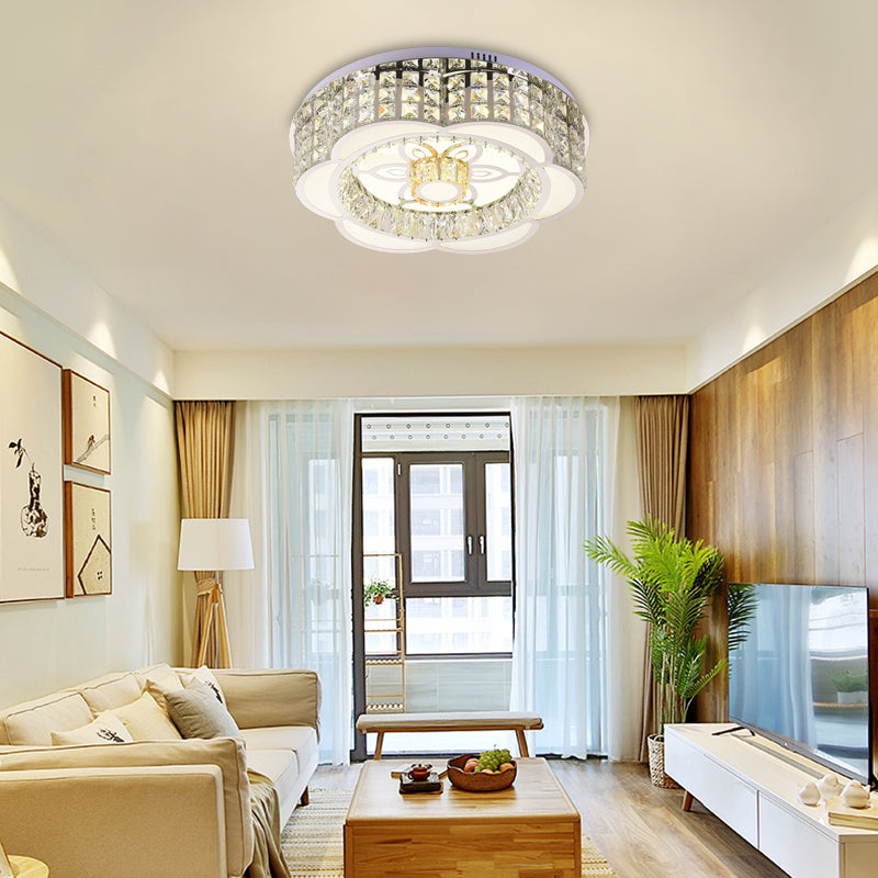 23.5"/31.5" Wide Crystal Flush Light LED Ceiling Fixture - Simple Flower Design in Chrome - Ideal for Bedrooms