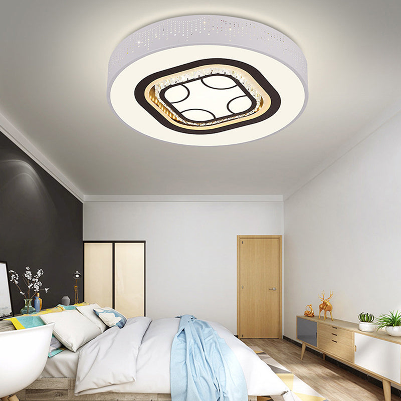 Minimalistic Acrylic Flush Mount LED Ceiling Light for White Bedroom with Crystal Drops & Choice of Patterns