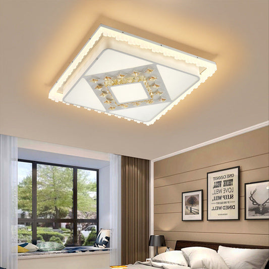 Modern LED Crystal Ceiling Lamp - White Square/Rectangular Flush Mount Light, Warm Illumination