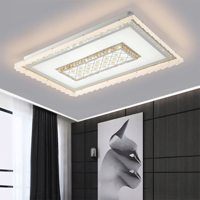 Modern Square/Rectangle Flush Crystal LED Ceiling Light in White for Living Room