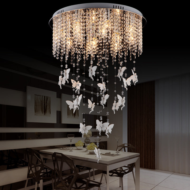 Modernist Flushmount Ceiling Light - Silver Round, Cascading Glass Crystals, 5/8/10 Lights, 16"/19.5"/23.5"W