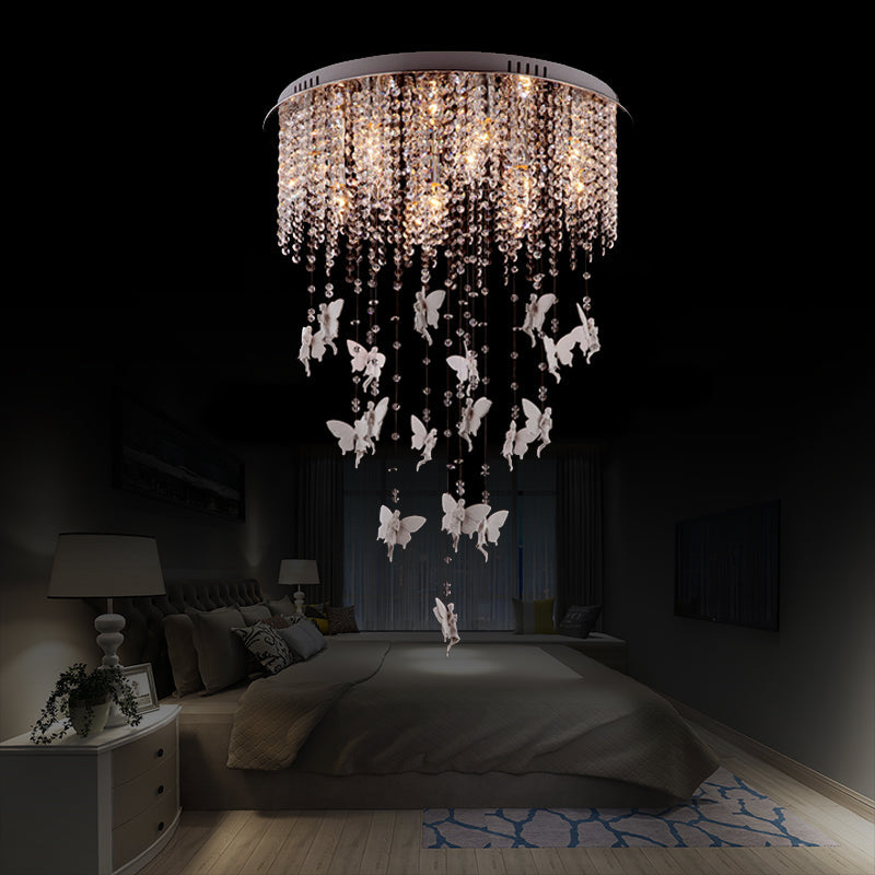 Modernist Flushmount Ceiling Light - Silver Round, Cascading Glass Crystals, 5/8/10 Lights, 16"/19.5"/23.5"W