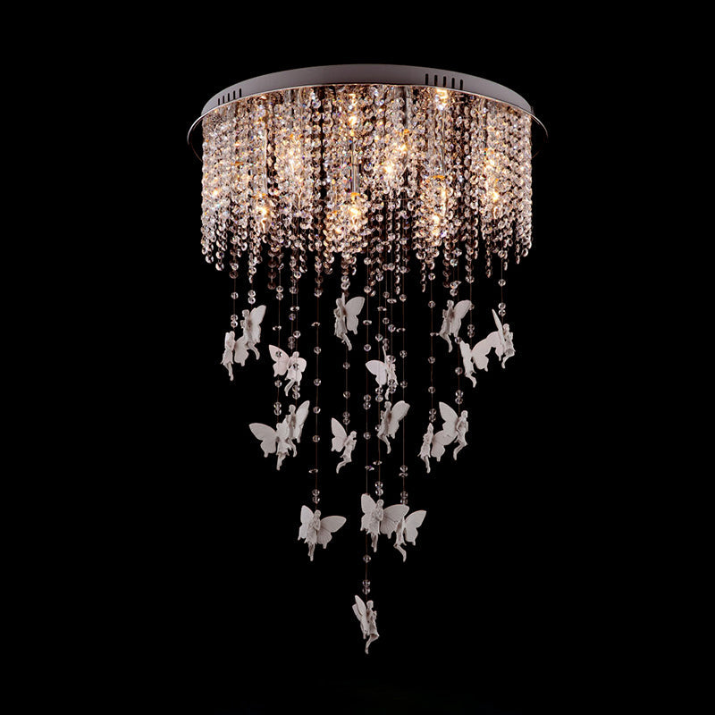Modernist Flushmount Ceiling Light - Silver Round, Cascading Glass Crystals, 5/8/10 Lights, 16"/19.5"/23.5"W