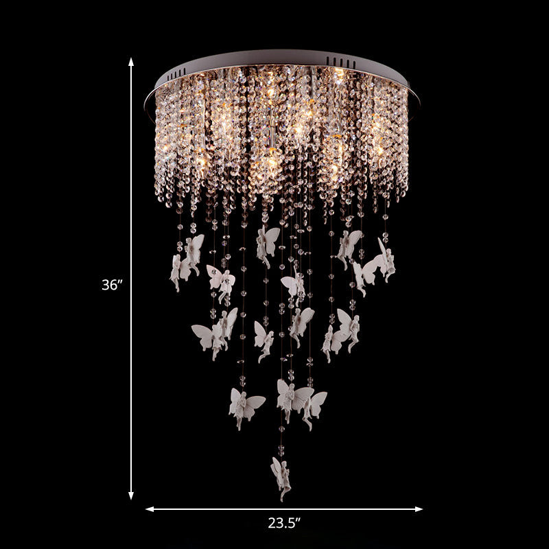 Modernist Flushmount Ceiling Light - Silver Round, Cascading Glass Crystals, 5/8/10 Lights, 16"/19.5"/23.5"W
