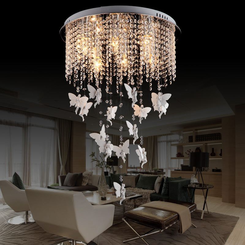 Silver Round Flush Ceiling Light - Modernist Cascading Glass Crystal Shade 5/8/10 Lights