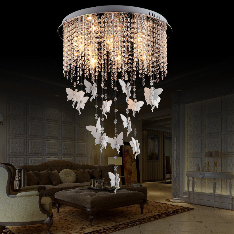 Silver Round Flush Ceiling Light - Modernist Cascading Glass Crystal Shade 5/8/10 Lights