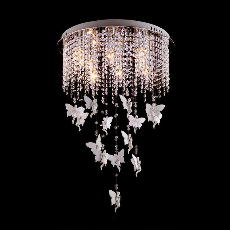 Modernist Flushmount Ceiling Light - Silver Round, Cascading Glass Crystals, 5/8/10 Lights, 16"/19.5"/23.5"W
