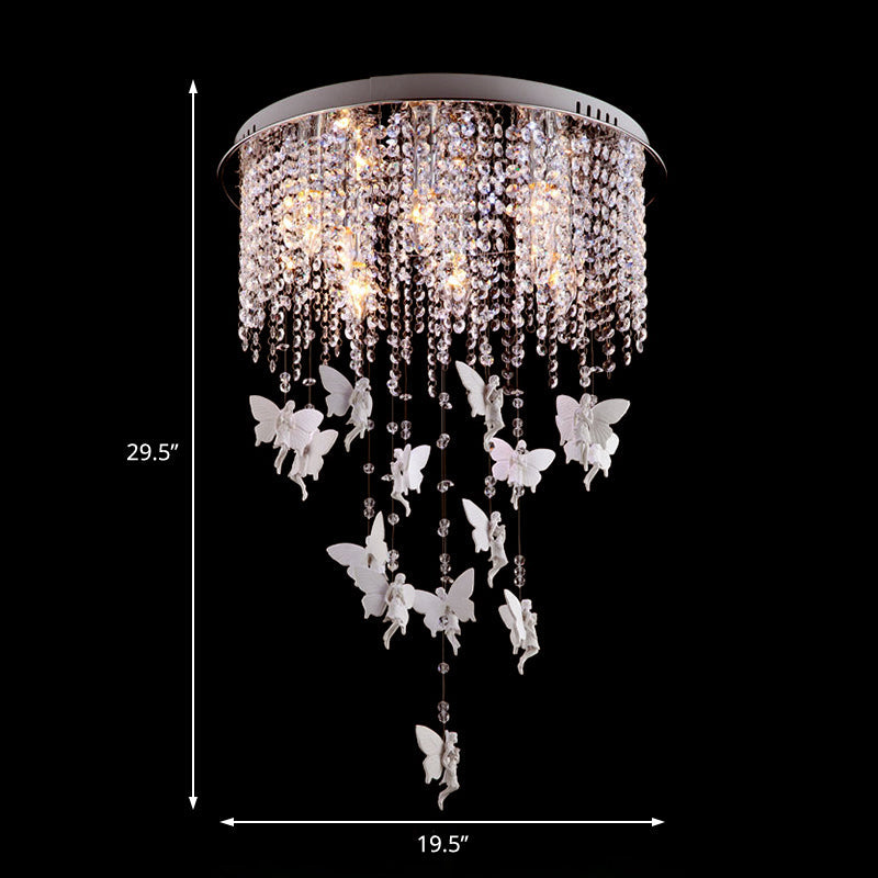 Silver Round Flush Ceiling Light - Modernist Cascading Glass Crystal Shade 5/8/10 Lights