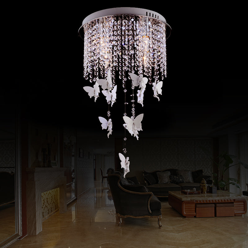 Silver Round Flush Ceiling Light - Modernist Cascading Glass Crystal Shade 5/8/10 Lights
