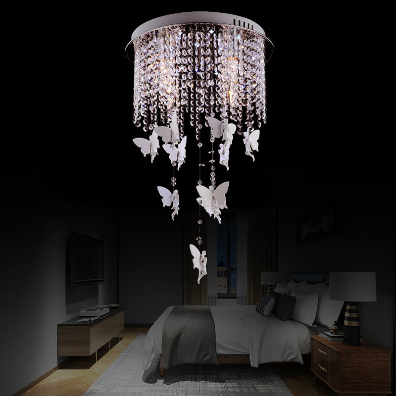 Modernist Flushmount Ceiling Light - Silver Round, Cascading Glass Crystals, 5/8/10 Lights, 16"/19.5"/23.5"W