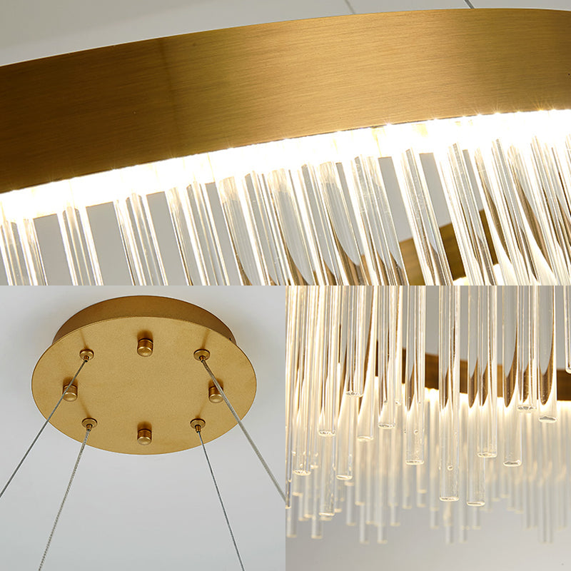 Gold LED Crystal Icicles Chandelier - 16"/23.5"/31.5" Dia - Simple Ring Design - Bedroom Ceiling Light