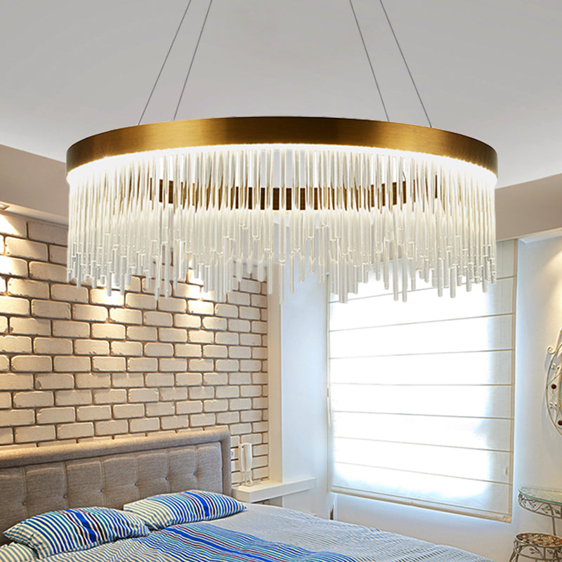 Gold LED Crystal Icicles Chandelier - 16"/23.5"/31.5" Dia - Simple Ring Design - Bedroom Ceiling Light