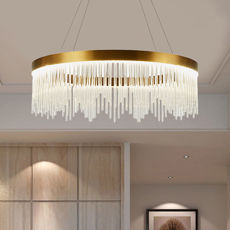 Gold LED Crystal Icicles Chandelier - 16"/23.5"/31.5" Dia - Simple Ring Design - Bedroom Ceiling Light