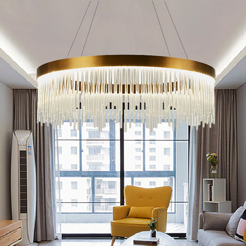 Gold LED Crystal Icicles Chandelier - 16"/23.5"/31.5" Dia - Simple Ring Design - Bedroom Ceiling Light