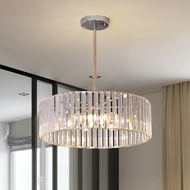 Shaded Round Crystal Pendant Light Fixture - 19.5"/23.5" Wide - Simplicity 5/6 Lights - Chrome Chandelier Lamp