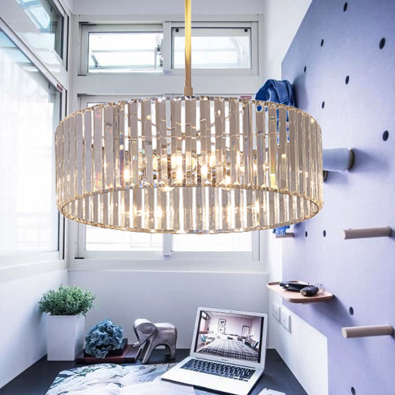 Shaded Round Crystal Pendant Light Fixture - 19.5"/23.5" Wide - Simplicity 5/6 Lights - Chrome Chandelier Lamp