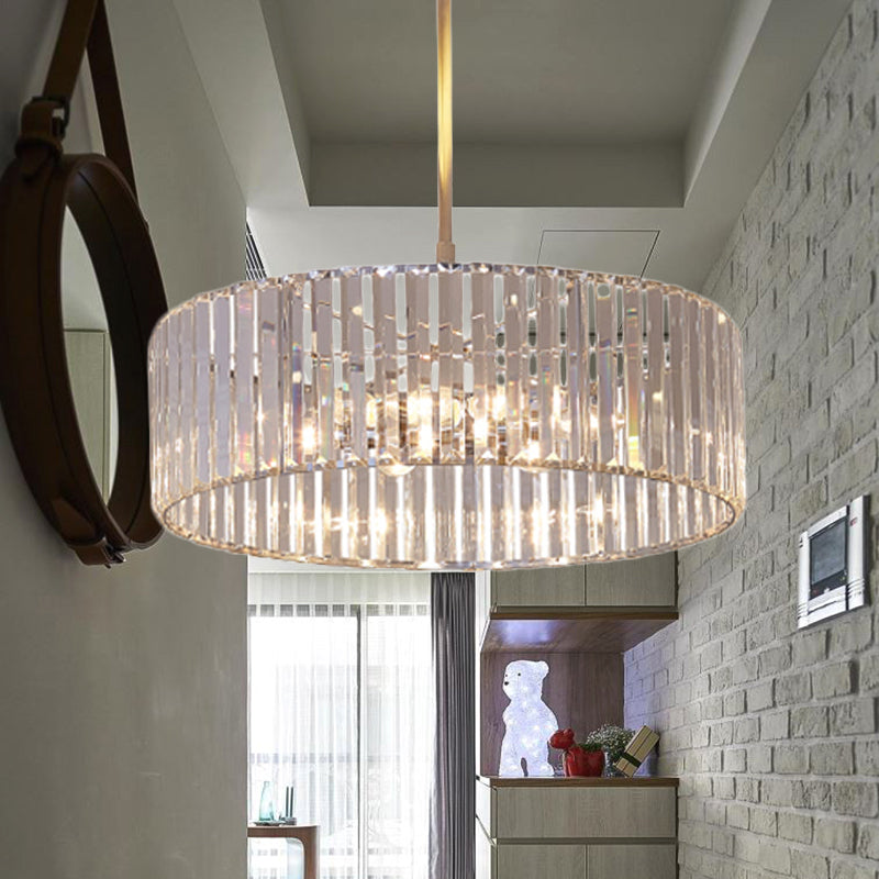 Shaded Round Crystal Pendant Light Fixture - 19.5"/23.5" Wide - Simplicity 5/6 Lights - Chrome Chandelier Lamp