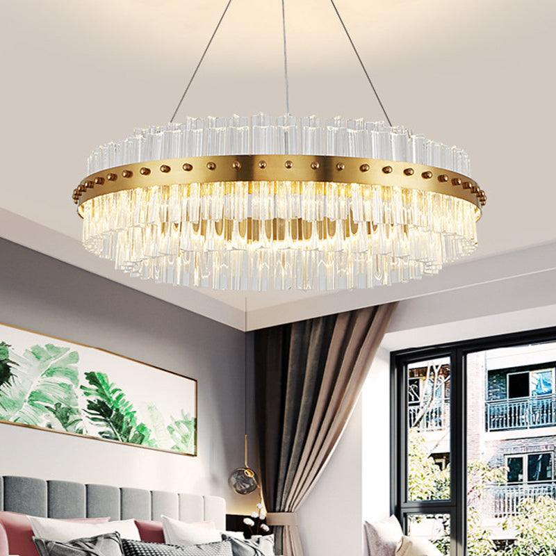 Modernist Gold Chandelier: Dual-Layered Clear Glass Shade, LED Ceiling Pendant for Living Room - 19.5"/23.5"/27.5" Width