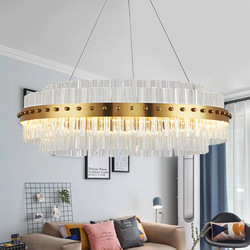 Modernist Gold Chandelier: Dual-Layered Clear Glass Shade, LED Ceiling Pendant for Living Room - 19.5"/23.5"/27.5" Width