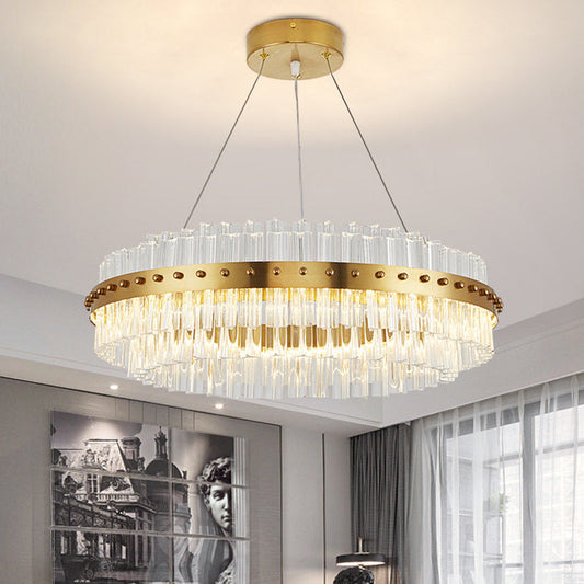 Modernist Gold Chandelier: Dual-Layered Clear Glass Shade, LED Ceiling Pendant for Living Room - 19.5"/23.5"/27.5" Width