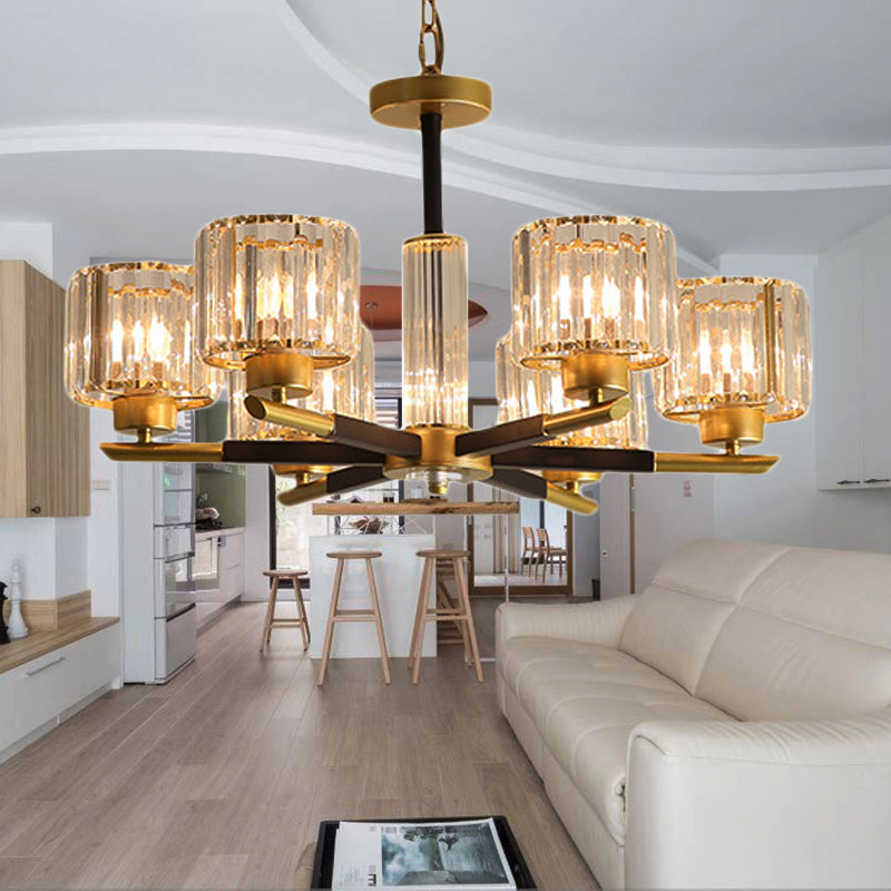 Modern Ribbed Crystal Cylinder Chandelier Pendant - 3/6/8-Head Bedroom Hanging Lamp Kit