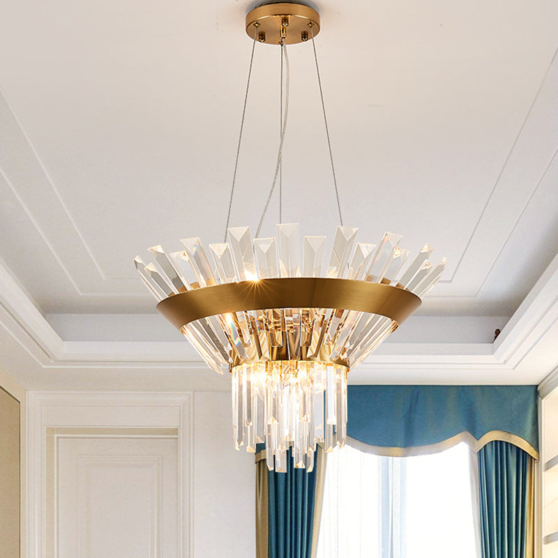 Transitional 9-Light Gold Crystal Tapered Icicle Chandelier - 7"/14" H Pendant Light