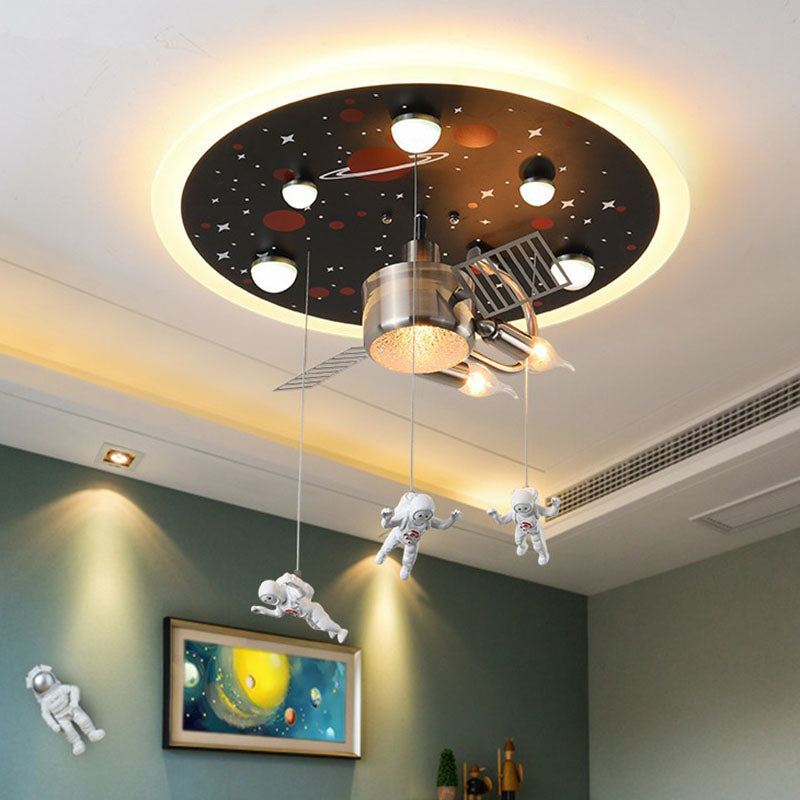 Plafonnier LED à thème astronaute en noir - Design de vaisseau spatial métallique pour chambre d'enfant