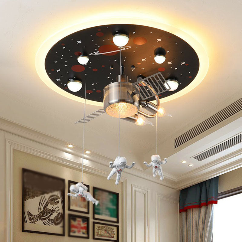 Plafonnier LED à thème astronaute en noir - Design de vaisseau spatial métallique pour chambre d'enfant
