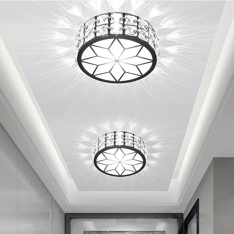 Minimalist Black LED Crystal Drum Flush Mount Lighting with White Light
