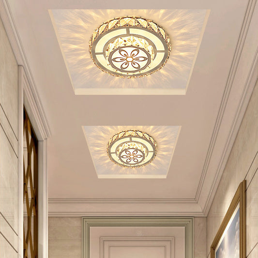 Modern Round Clear Crystal LED Flush Mount Ceiling Light - White Entryway Flushmount
