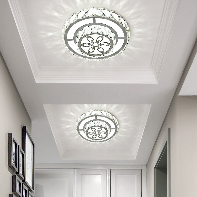 Modern Round Clear Crystal LED Flush Mount Ceiling Light - White Entryway Flushmount