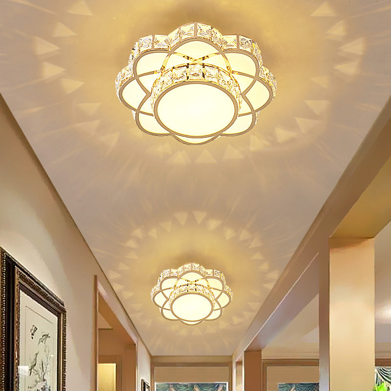 Crystal-Encrusted Gold Flush Mount Ceiling Light with Contemporary Floral Design and LED Technology