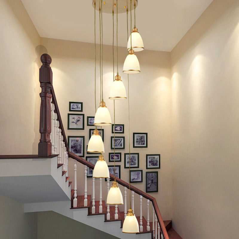 Simplicity Multi-Light Pendant | Cream Glass Spiral Bell Shade | Staircase Hanging Light