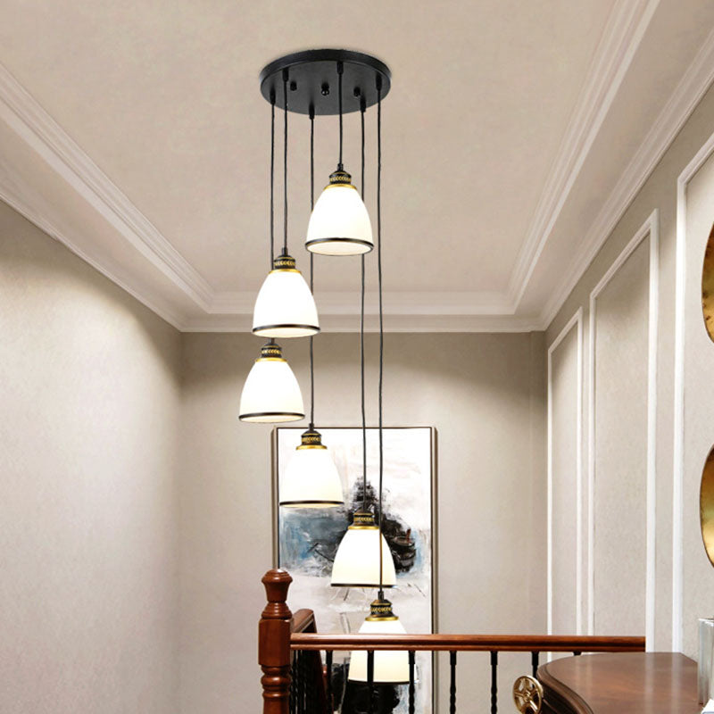 Simplicity Multi-Light Pendant | Cream Glass Spiral Bell Shade | Staircase Hanging Light