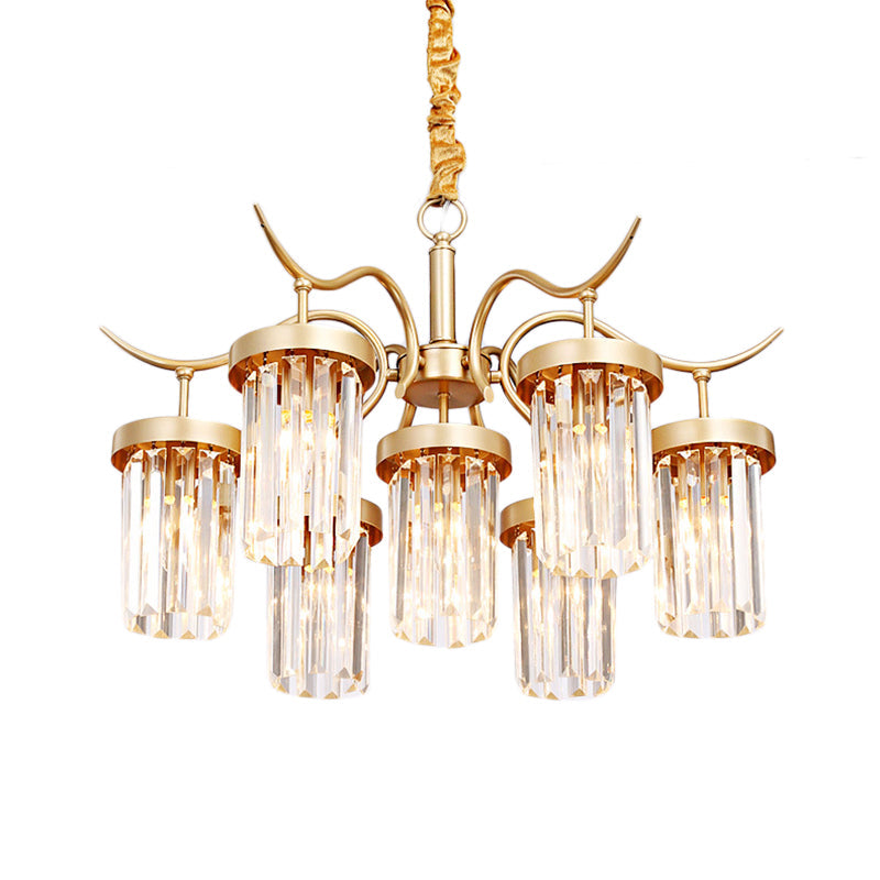 Modern Crystal Cylindrical Chandelier Light with Brass Finish - 7/9-Head Hanging Ceiling Light