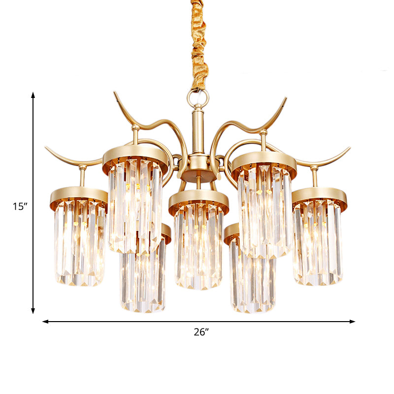 Modern Crystal Cylindrical Chandelier Light with Brass Finish - 7/9-Head Hanging Ceiling Light
