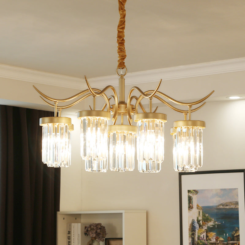 Modern Crystal Cylindrical Chandelier Light with Brass Finish - 7/9-Head Hanging Ceiling Light
