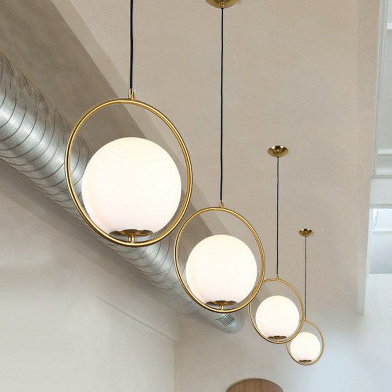 Postmodern Globe Hanging Lamp Kit - White Glass 1-Head Gold Pendant Light for Restaurants
