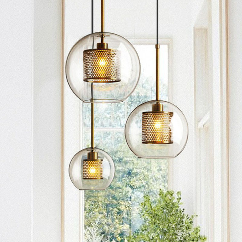 Modern Clear Glass Sphere Pendant Light with Mesh Screen - 1 Bulb Suspension Lamp