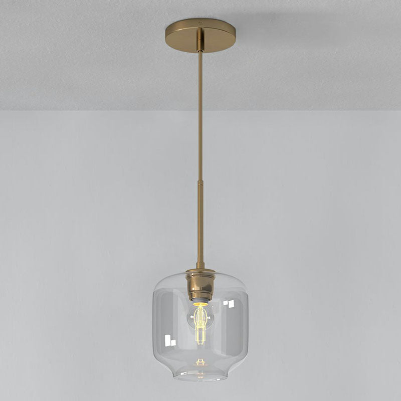 Simplicity Glass Pendant Light with Gold Finish - Clear Mug Shape, Single Bulb Suspension