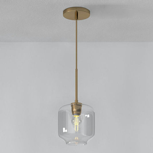 Simplicity Glass Pendant Light with Gold Finish - Clear Mug Shape, Single Bulb Suspension